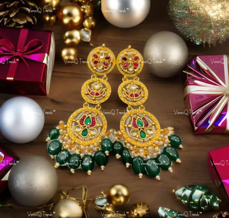 VeroniQ Trends-Elegant Green Color Beads Gold Plated Kemp Stone Pachi Kundan Dangler Earrings Pachi Kundan-Gold Plated-Wedding Jewellery-Punjabi Jewellery-South Indian-Thappa Jewellery