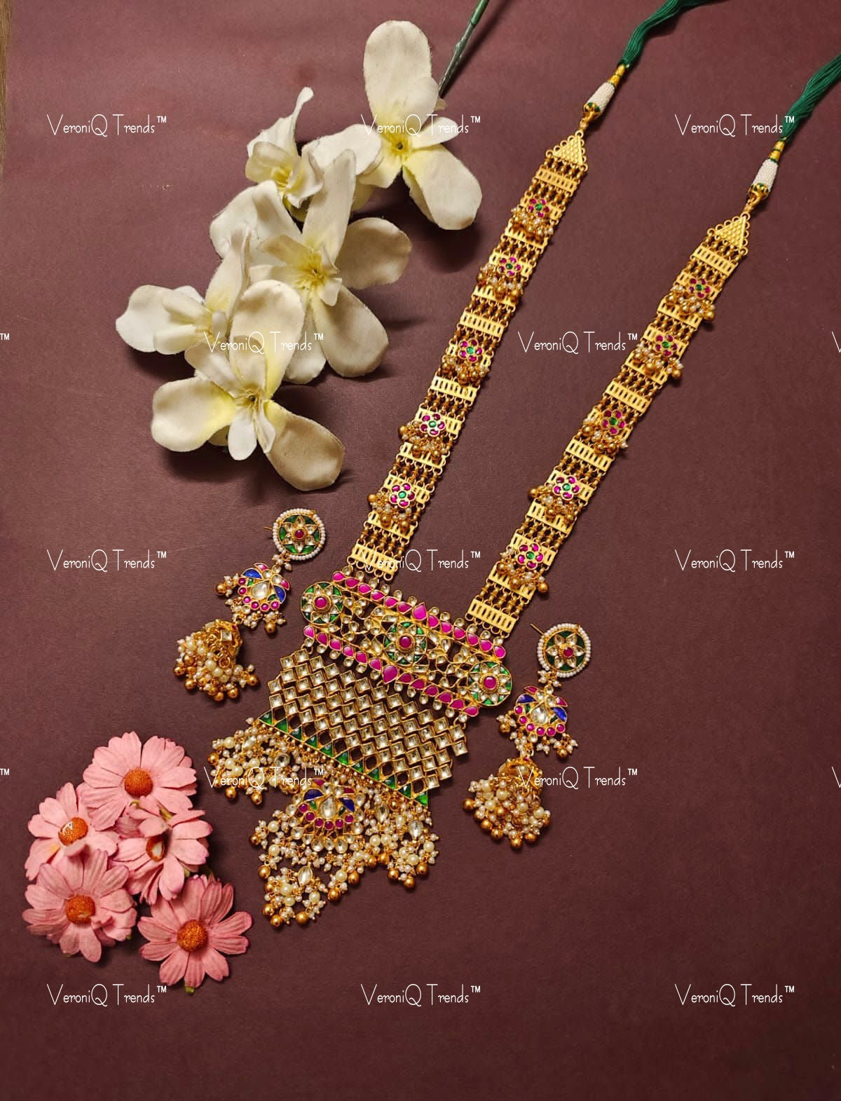 VeroniQ Trends-South Indian Kemp Stone Gold Plated Pachi Kundan Long Necklace Pachi Kundan-Gold Plated-Wedding Jewellery-Punjabi Jewellery-South Indian-Thappa Jewellery