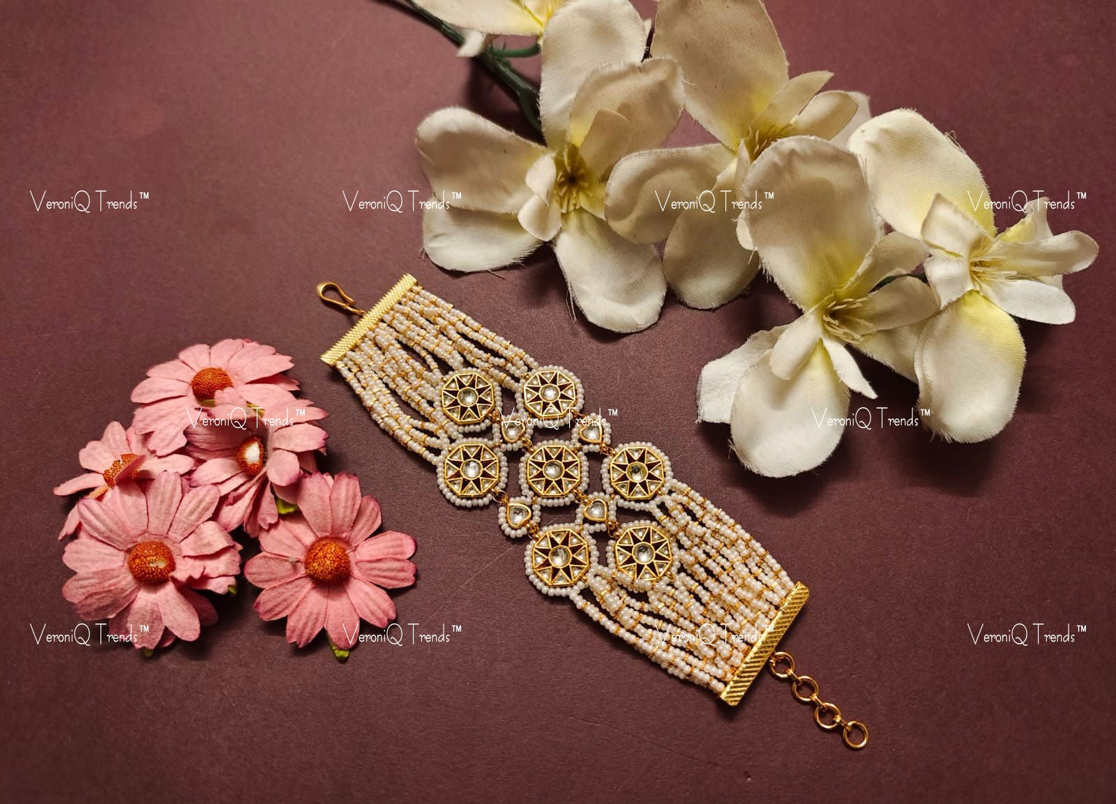 VeroniQ Trends-Multistrand Kundan Jadau Gold Plated Pachi Kundan Bracelet Pachi Kundan-Gold Plated-Wedding Jewellery-Punjabi Jewellery-South Indian-Thappa Jewellery