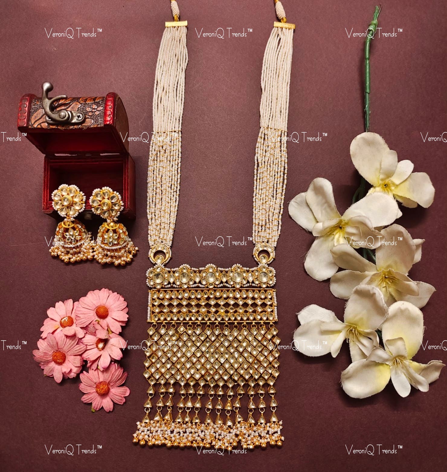 VeroniQ Trends-South Indian Multistrand Kundan Jadau Gold Plated Kundan Jadau Pachi Kundan Necklace Pachi Kundan-Gold Plated-Wedding Jewellery-Punjabi Jewellery-South Indian-Thappa Jewellery