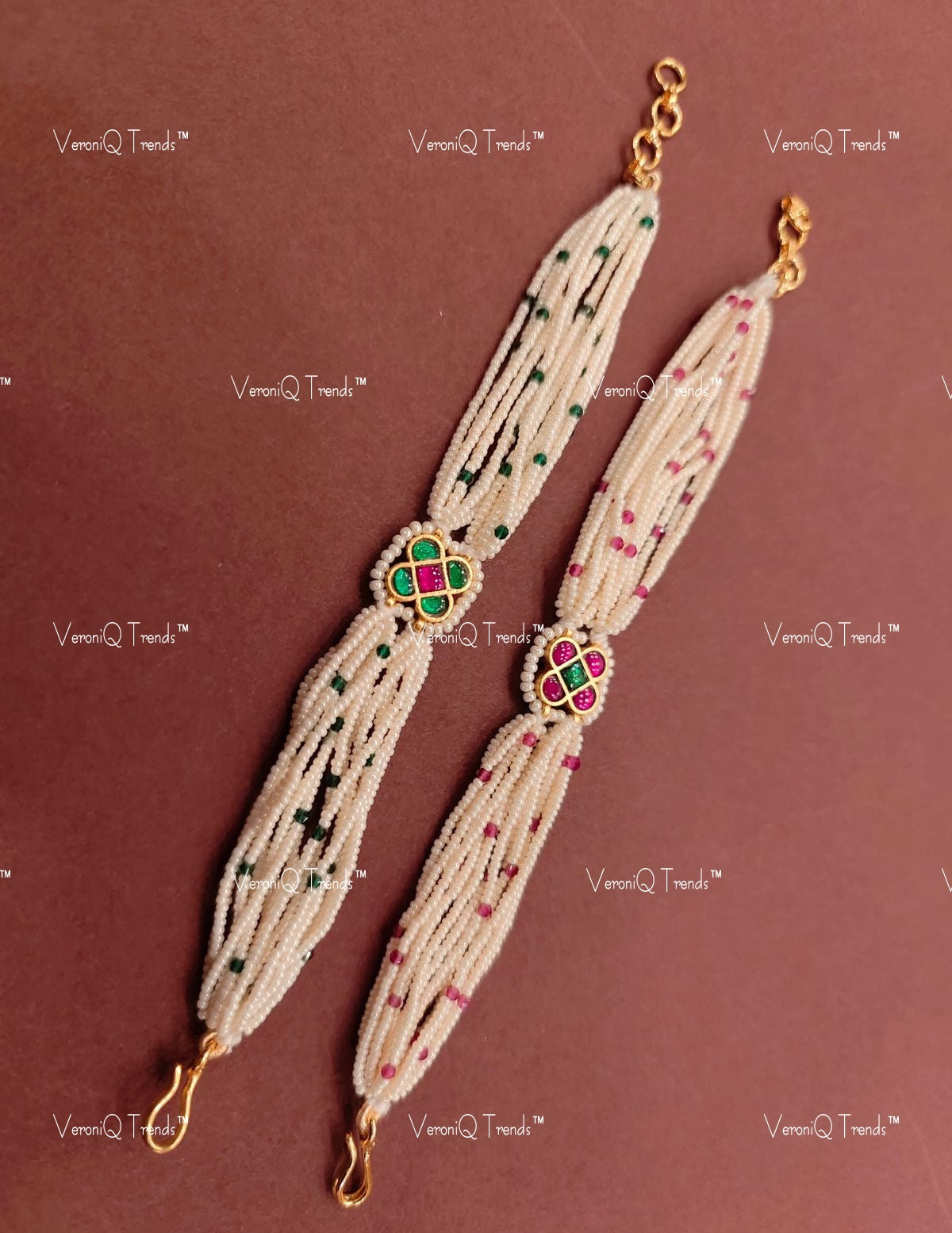 VeroniQ Trends-Traditional Pearl And Kemp Stone Gold Plated Pachi Kundan Bracelet Pachi Kundan-Gold Plated-Wedding Jewellery-Punjabi Jewellery-South Indian-Thappa Jewellery