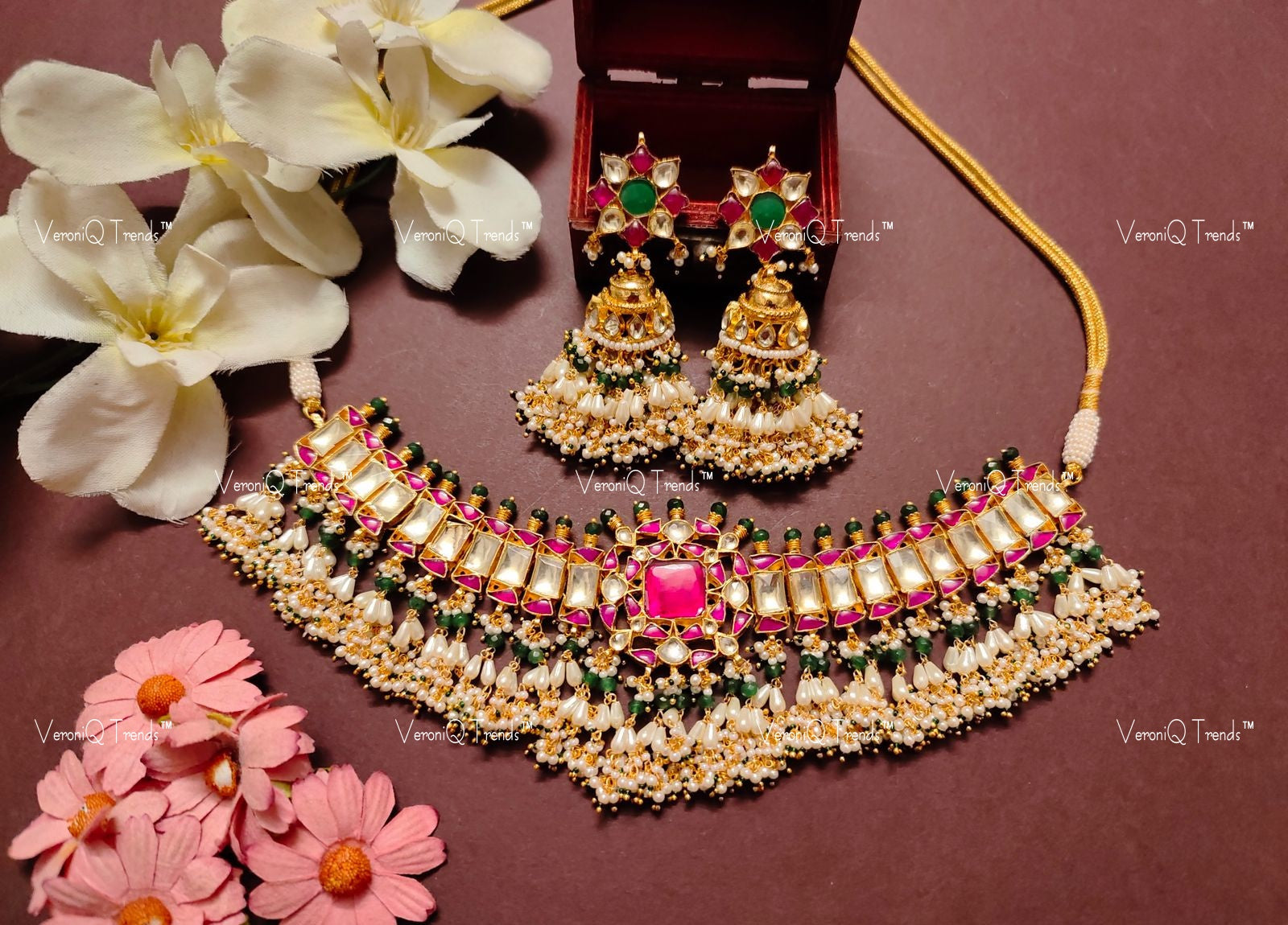 VeroniQ Trends-Gold Plated Kemp Stone Pachi Kundan Choker Necklace Pachi Kundan-Gold Plated-Wedding Jewellery-Punjabi Jewellery-South Indian-Thappa Jewellery