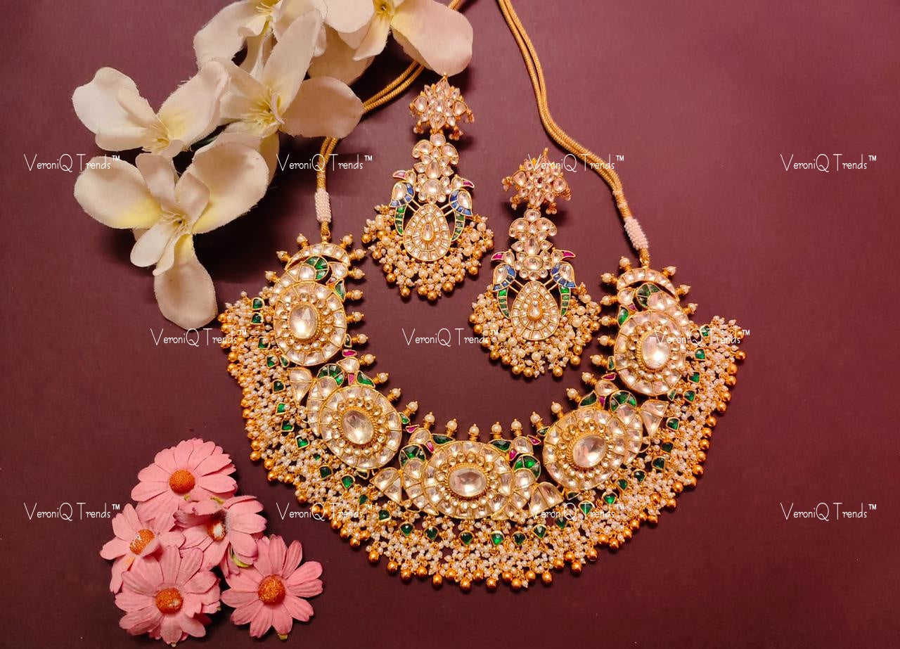 VeroniQ Trends-South Indian Peacock Design Gold Plated Kemp Stone Pachi Kundan Choker Necklace Pachi Kundan-Gold Plated-Wedding Jewellery-Punjabi Jewellery-South Indian-Thappa Jewellery