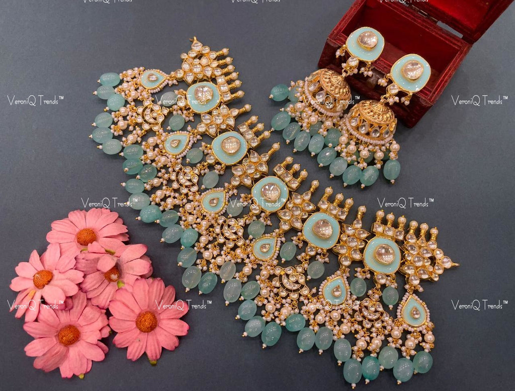 VeroniQ Trends-Royal Sky Blue Beaded Meenakari Gold Plated Pachi Kundan Necklace Pachi Kundan-Gold Plated-Wedding Jewellery-Punjabi Jewellery-South Indian-Thappa Jewellery