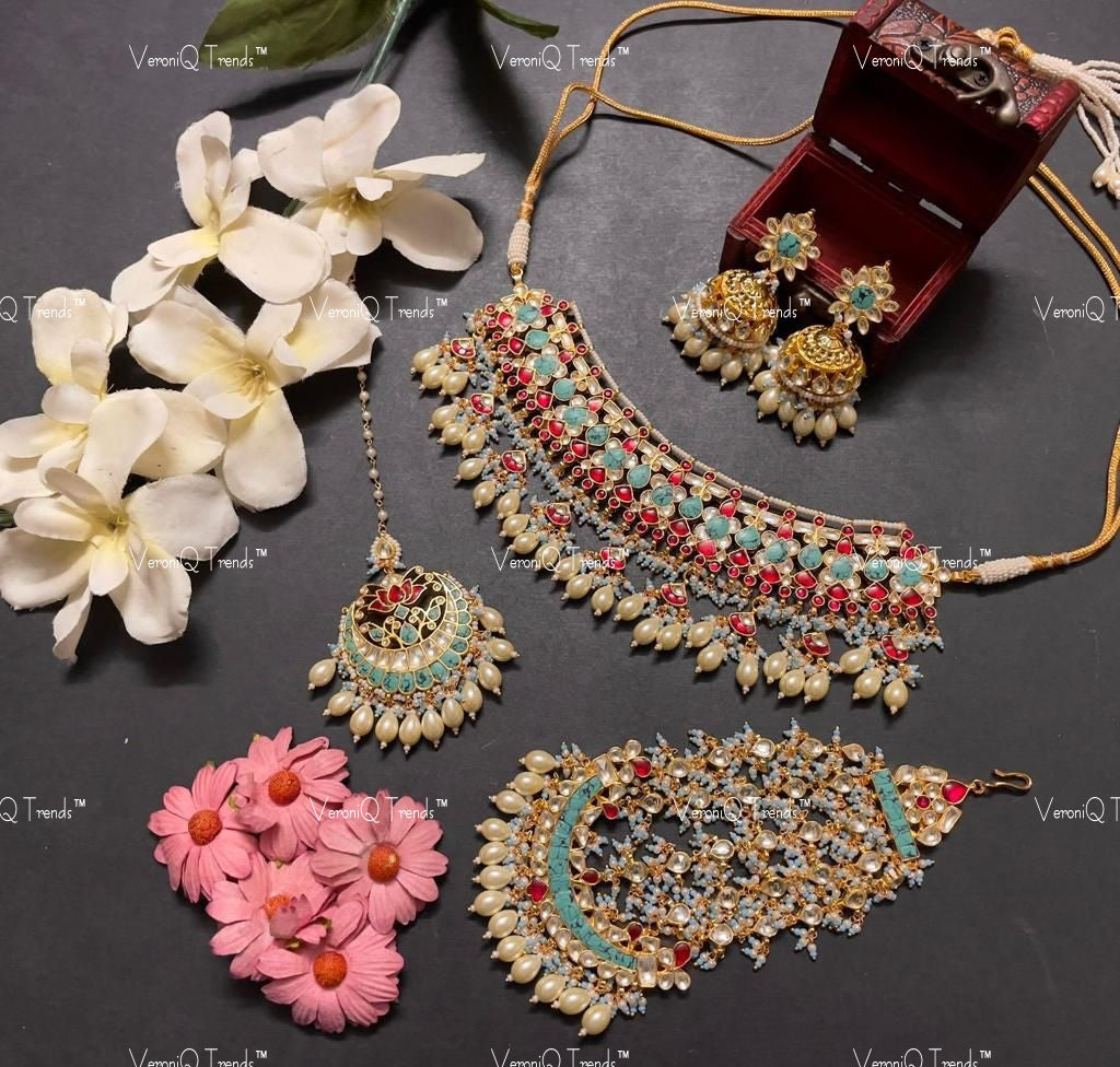 VeroniQ Trends-Turquoise Stone Gold Plated Pachi Kundan Necklace With Earrings Passa and Maang Tika Pachi Kundan-Gold Plated-Wedding Jewellery-Punjabi Jewellery-South Indian-Thappa Jewellery