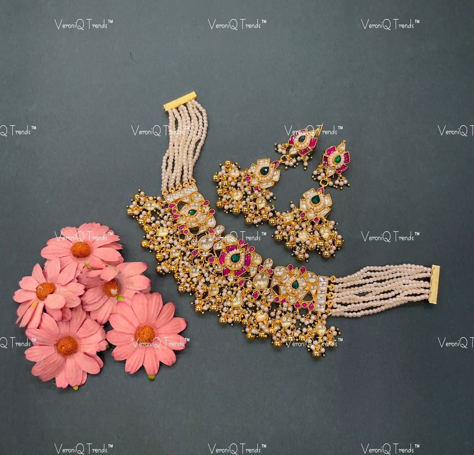 VeroniQ Trends-Traditional Multistrand Kemp Stone Gold Plated Pachi Kundan Choker Necklace Pachi Kundan-Gold Plated-Wedding Jewellery-Punjabi Jewellery-South Indian-Thappa Jewellery