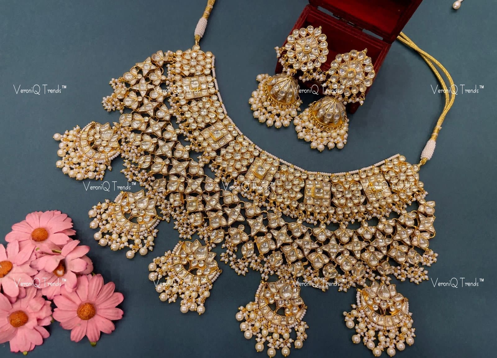 VeroniQ Trends-Bridal Kundan Jadau Gold Plated Pachi Kundan Necklace With Jhumki Earrings Pachi Kundan-Gold Plated-Wedding Jewellery-Punjabi Jewellery-South Indian-Thappa Jewellery