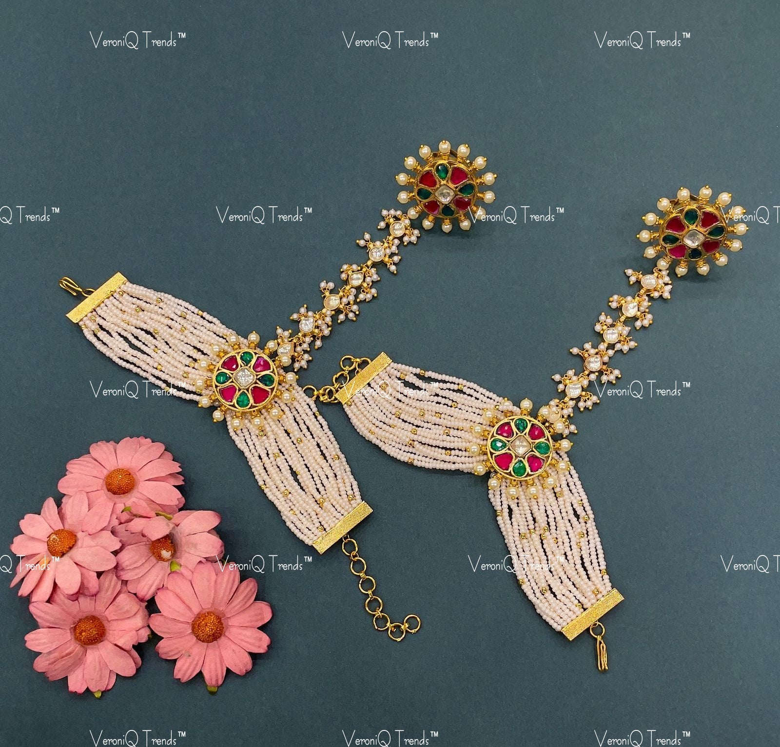 VeroniQ Trends-Traditional Multistrand Gold Plated Kemp Stone Pachi Kundan Haath Phool Pachi Kundan-Gold Plated-Wedding Jewellery-Punjabi Jewellery-South Indian-Thappa Jewellery
