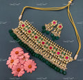 VeroniQ Trends-Rajwadi Style Kemp Stone Gold Plated Pachi Kundan With Green Beads Choker Necklace Pachi Kundan-Gold Plated-Wedding Jewellery-Punjabi Jewellery-South Indian-Thappa Jewellery