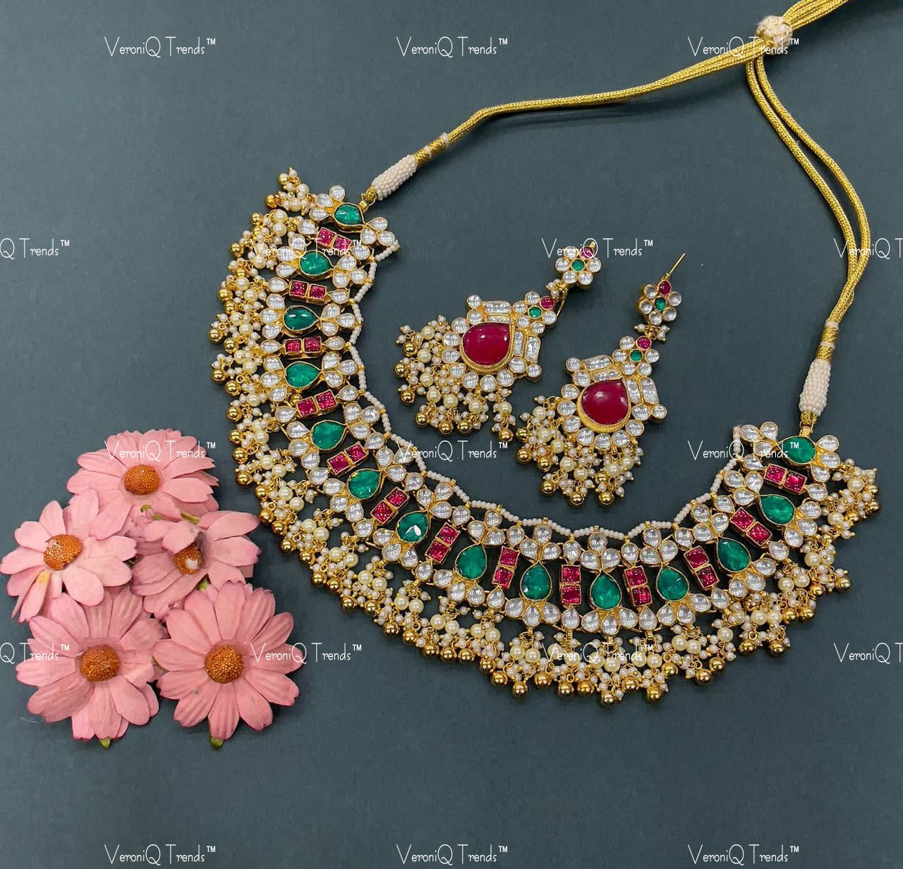 VeroniQ Trends-Kemp Stone Gold Plated Pachi Kundan Necklace Pachi Kundan-Gold Plated-Wedding Jewellery-Punjabi Jewellery-South Indian-Thappa Jewellery