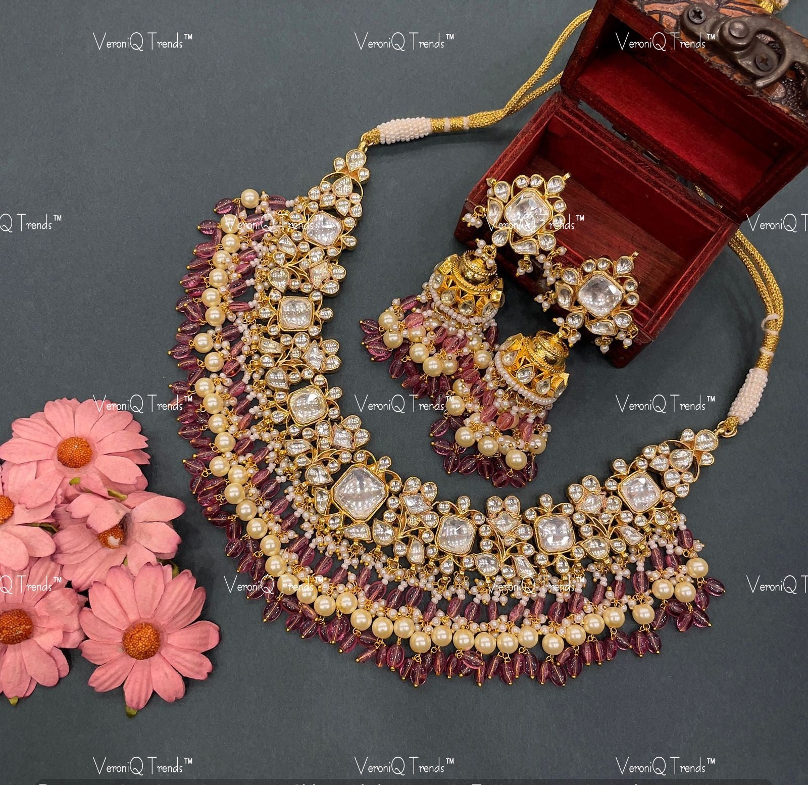 VeroniQ Trends-Kundan Jadau Gold Plated Pachi Kundan Necklace With Ruby Quartz Beads Pachi Kundan-Gold Plated-Wedding Jewellery-Punjabi Jewellery-South Indian-Thappa Jewellery