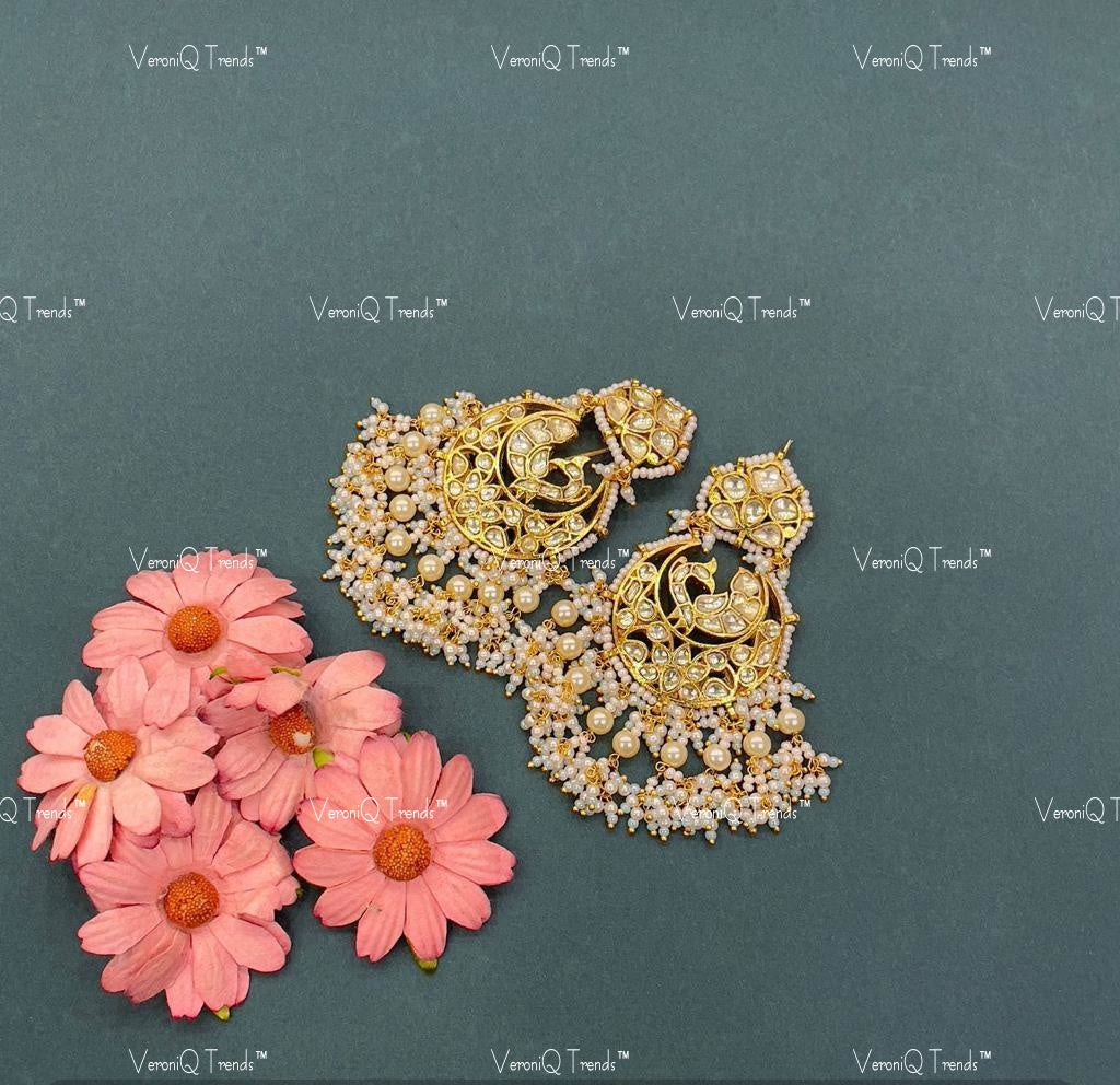 VeroniQ Trends-Peacock Design Gold Plated Kundan Jadau Pachi Kundan Chandbali Earrings Pachi Kundan-Gold Plated-Wedding Jewellery-Punjabi Jewellery-South Indian-Thappa Jewellery