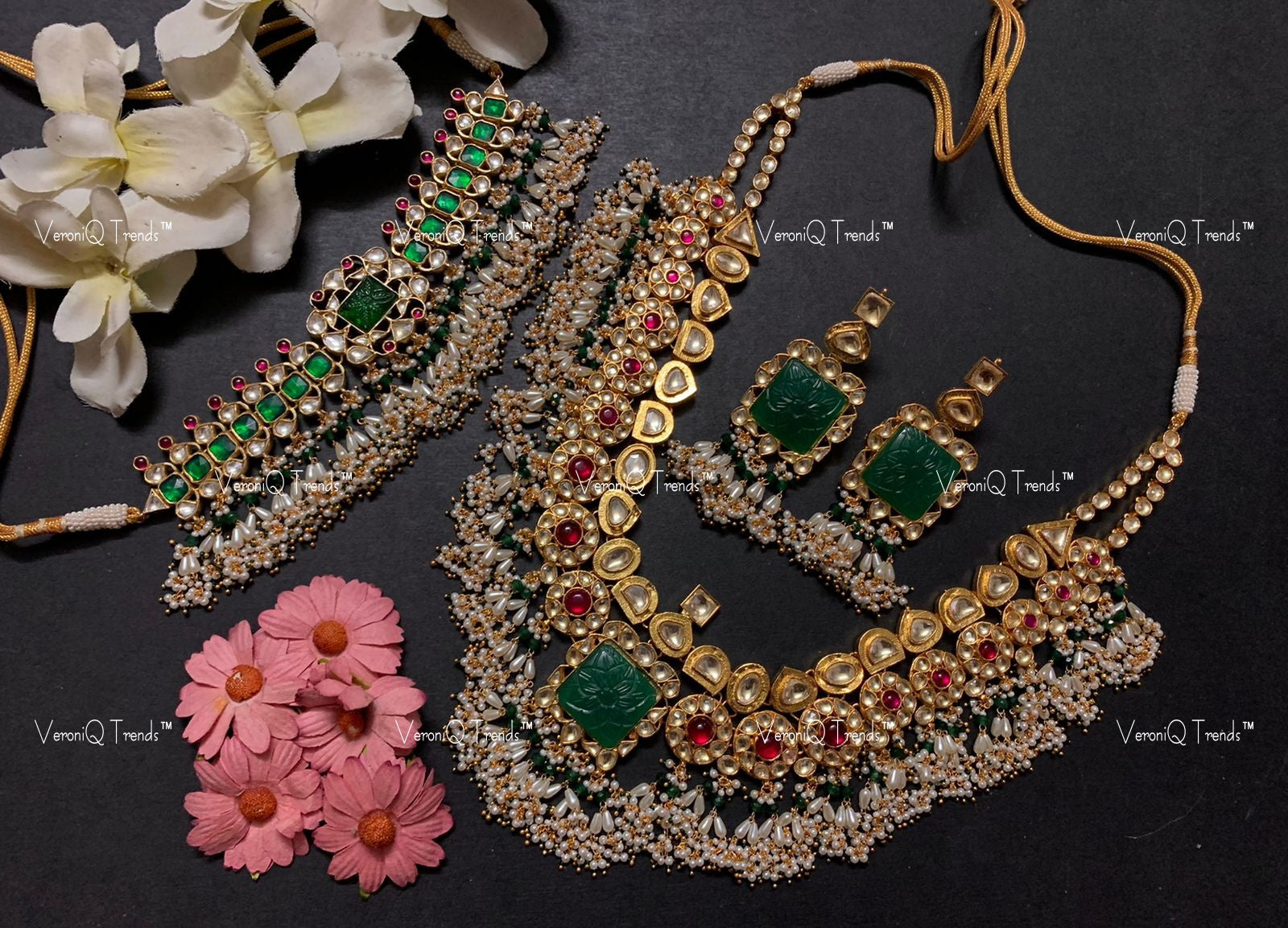 VeroniQ Trends-Bridal Kemp Stone Gold Plated Pachi Kundan Choker And Long Necklace Pachi Kundan-Gold Plated-Wedding Jewellery-Punjabi Jewellery-South Indian-Thappa Jewellery
