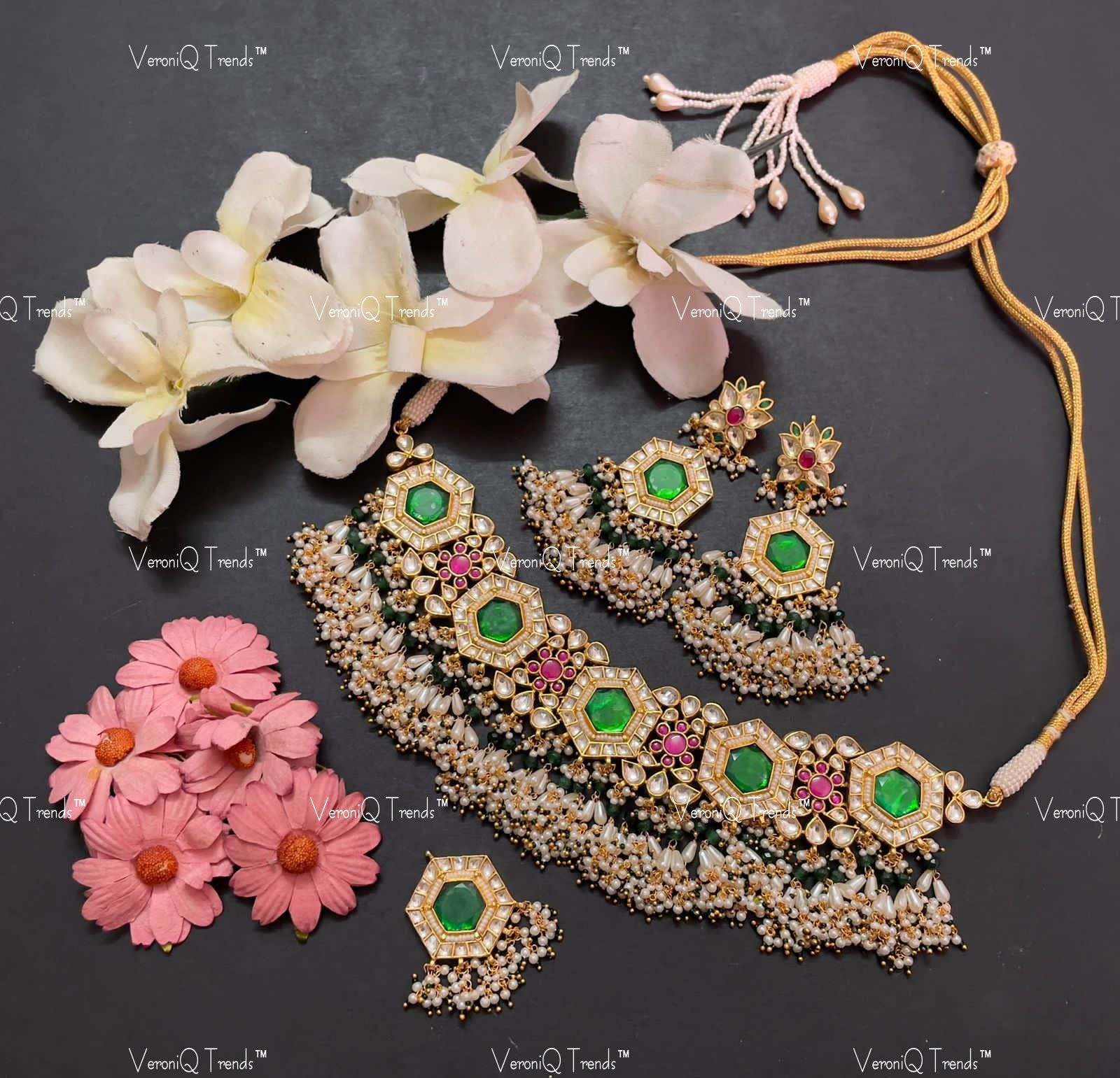VeroniQ Trends-Royal Gold Plated Kemp Stone Pachi Kundan Necklace Pachi Kundan-Gold Plated-Wedding Jewellery-Punjabi Jewellery-South Indian-Thappa Jewellery