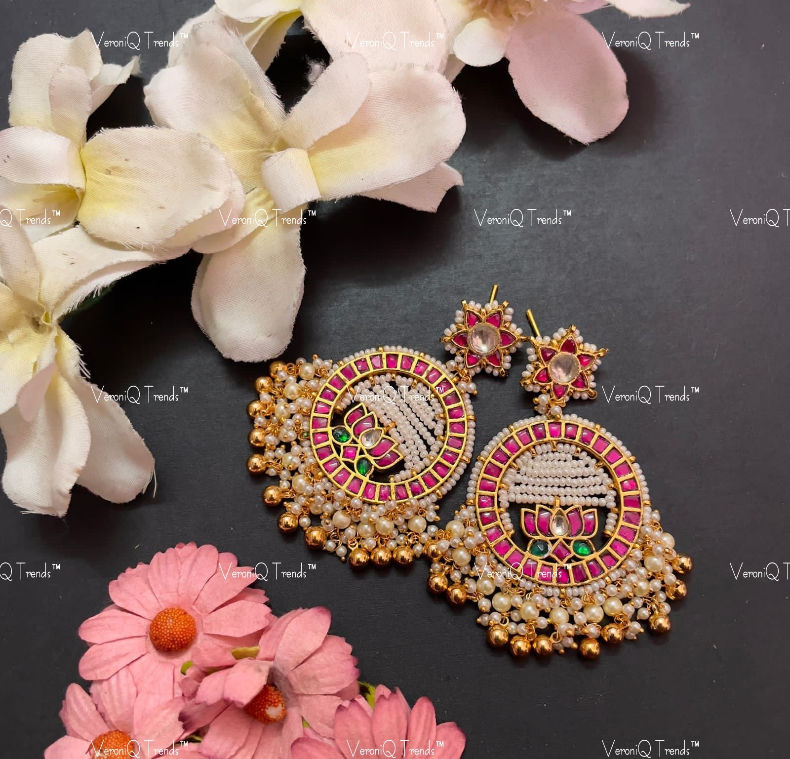 VeroniQ Trends-Kemp Stone Gold Plated Pachi Kundan Earrings Pachi Kundan-Gold Plated-Wedding Jewellery-Punjabi Jewellery-South Indian-Thappa Jewellery