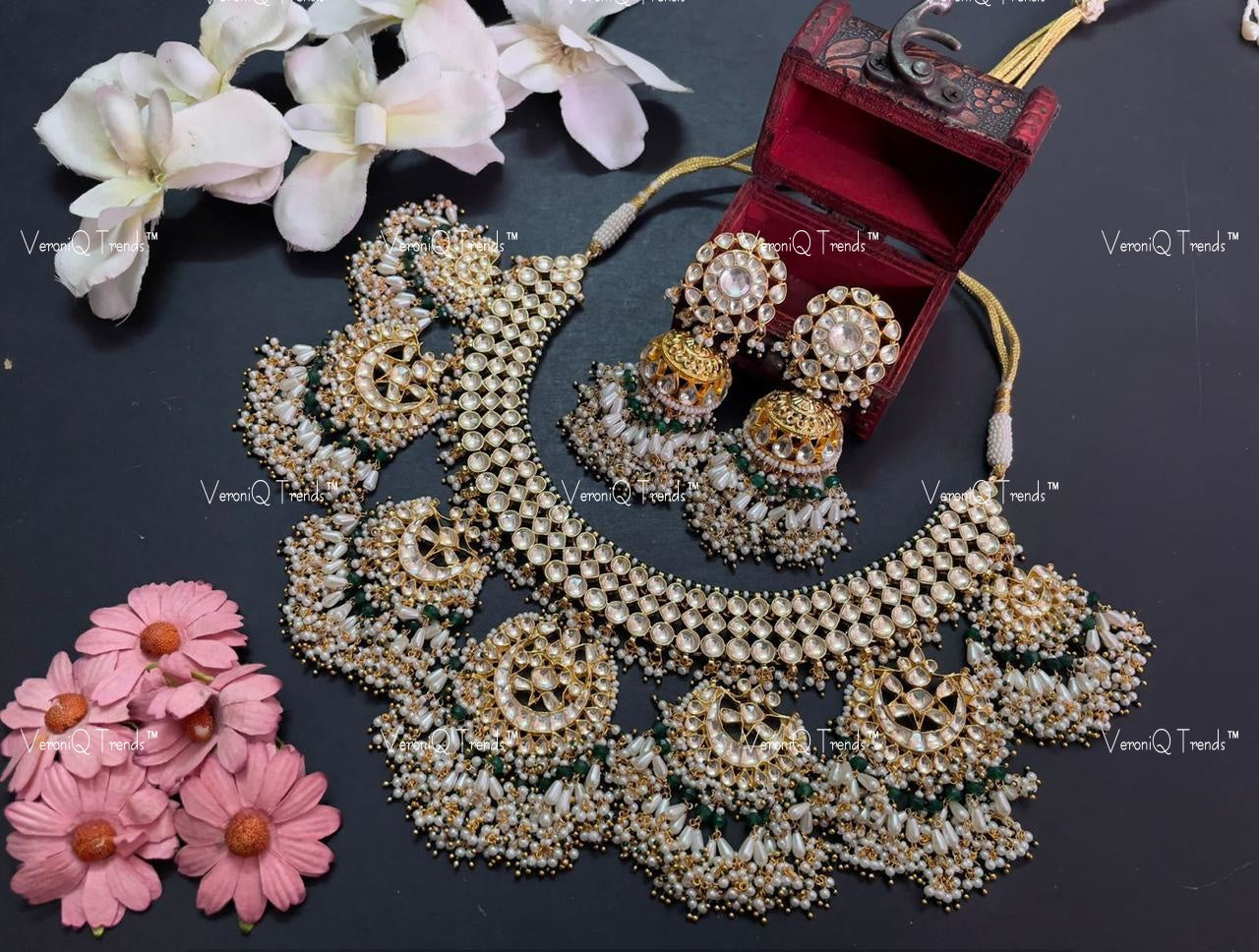 VeroniQ Trends-Chandbali Drop Gold Plated Kundan Jadau Pachi Kundan Necklace Set Pachi Kundan-Gold Plated-Wedding Jewellery-Punjabi Jewellery-South Indian-Thappa Jewellery