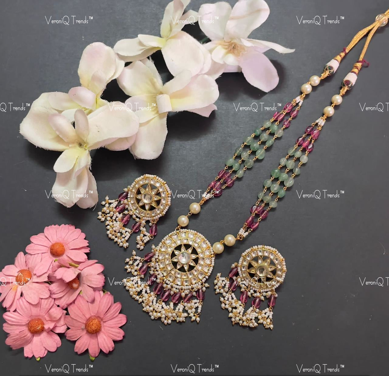 VeroniQ Trends-Multistrand Kemp Stone Gold Plated Pachi Kundan Long Mala Pachi Kundan-Gold Plated-Wedding Jewellery-Punjabi Jewellery-South Indian-Thappa Jewellery
