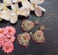 VeroniQ Trends-Traditional Chandbali Kemp Stone With Ruby Pink Drop Beads Gold Plated Pachi Kundan Maang Tika and Earrings Set Pachi Kundan-Gold Plated-Wedding Jewellery-Punjabi Jewellery-South Indian-Thappa Jewellery