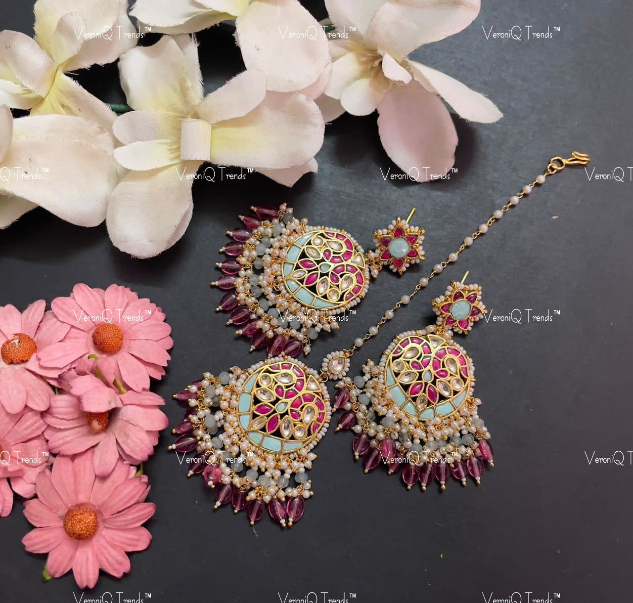 VeroniQ Trends-Traditional Chandbali Kemp Stone With Ruby Pink Drop Beads Gold Plated Pachi Kundan Maang Tika and Earrings Set Pachi Kundan-Gold Plated-Wedding Jewellery-Punjabi Jewellery-South Indian-Thappa Jewellery