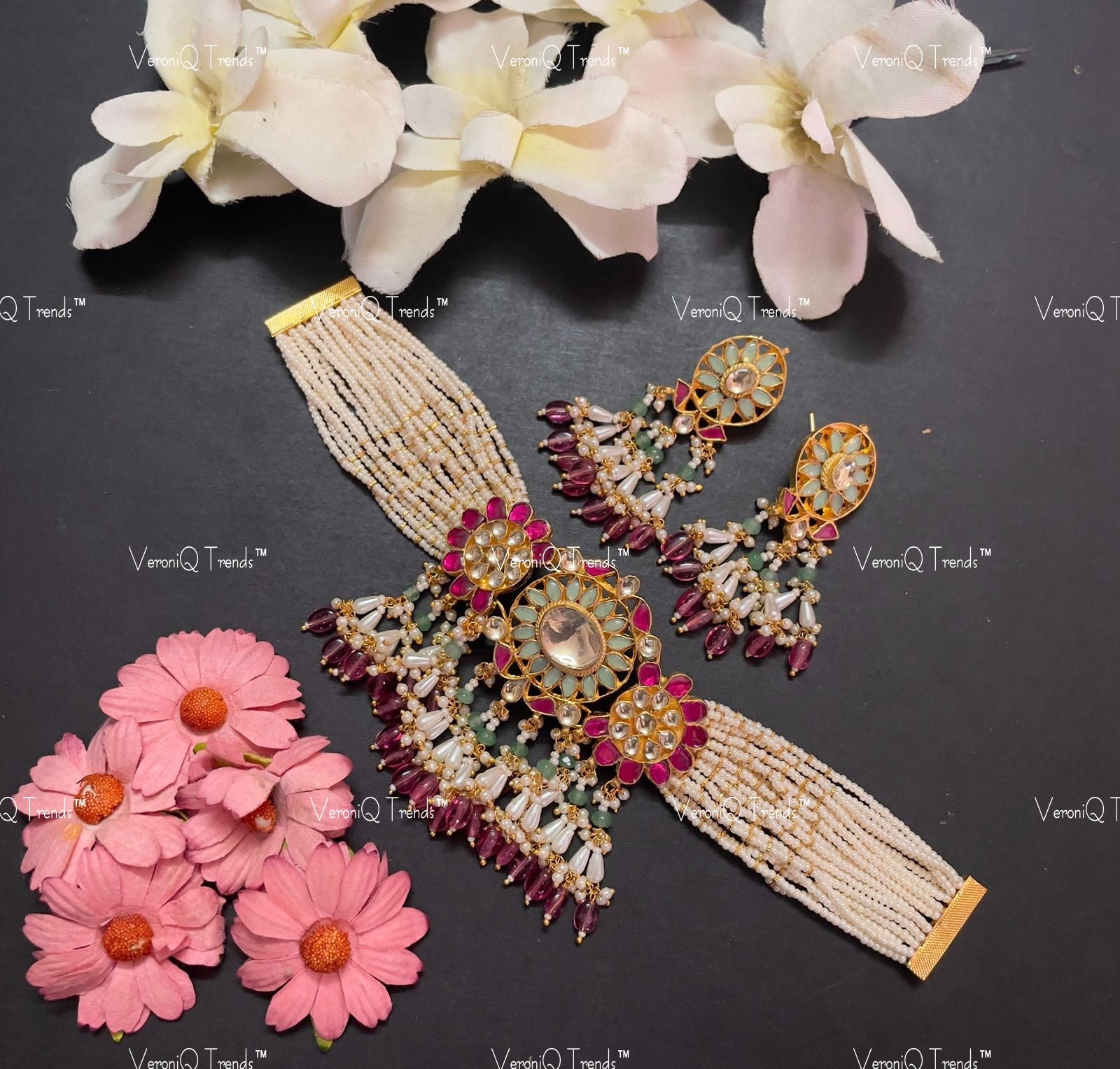 VeroniQ Trends-Traditional Multistrand Kemp Stone Gold Plated Pachi Kundan Choker Necklace Pachi Kundan-Gold Plated-Wedding Jewellery-Punjabi Jewellery-South Indian-Thappa Jewellery