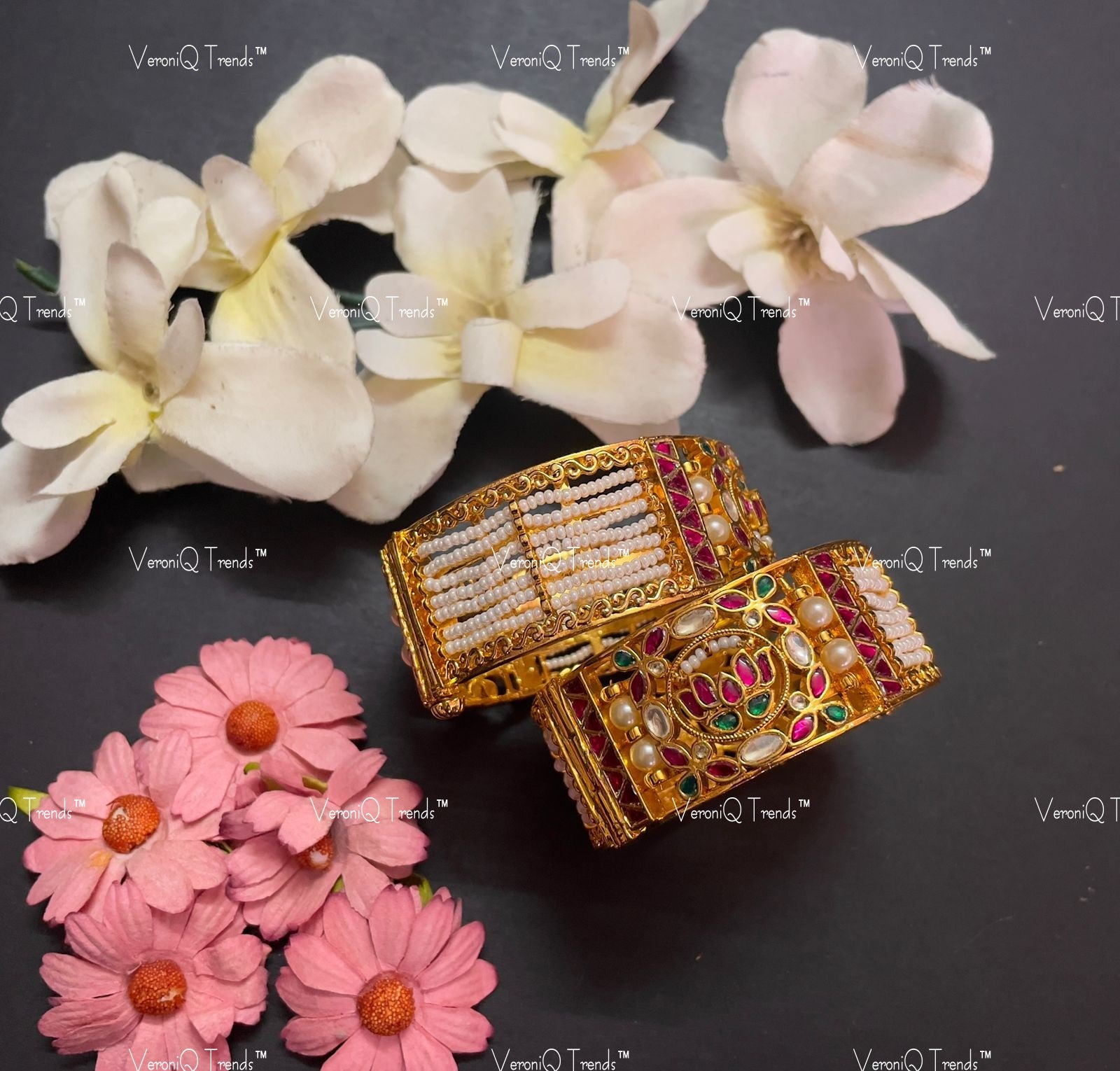 VeroniQ Trends-Lotus Design Kemp Stone Pearl Gold Plated Pachi Kundan Bangles Pachi Kundan-Gold Plated-Wedding Jewellery-Punjabi Jewellery-South Indian-Thappa Jewellery