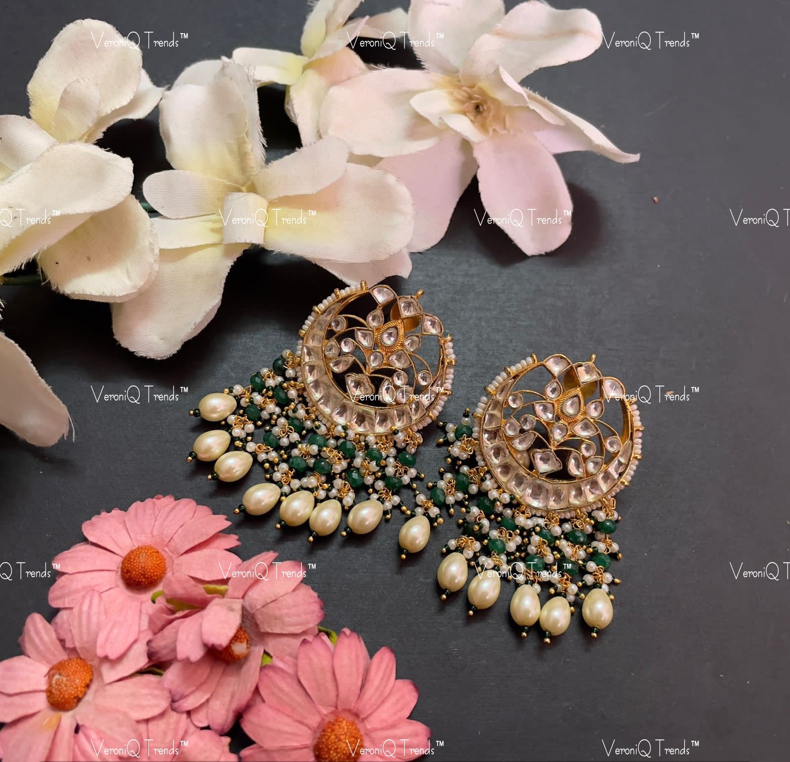 VeroniQ Trends-Elegant Chandbali Gold Plated Pearl Pachi Kundan Earrings Pachi Kundan-Gold Plated-Wedding Jewellery-Punjabi Jewellery-South Indian-Thappa Jewellery