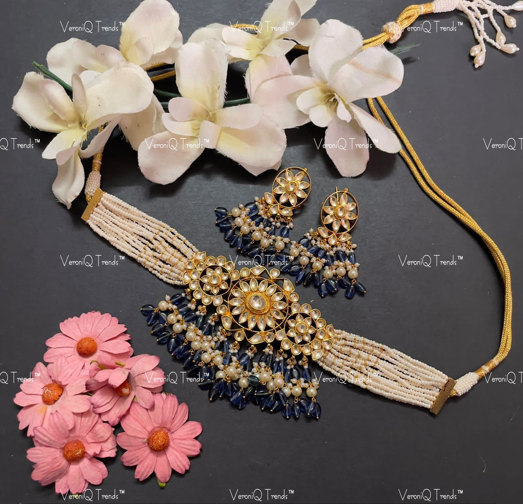 VeroniQ Trends-Multistrand Pearl Beaded Gold Plated Kemp Stone Pachi Kundan Choker Necklace Pachi Kundan-Gold Plated-Wedding Jewellery-Punjabi Jewellery-South Indian-Thappa Jewellery