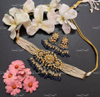 VeroniQ Trends-Multistrand Pearl Beaded Gold Plated Kemp Stone Pachi Kundan Choker Necklace Pachi Kundan-Gold Plated-Wedding Jewelry-Punjabi Jewelry-South Indian-Thappa Jewelry