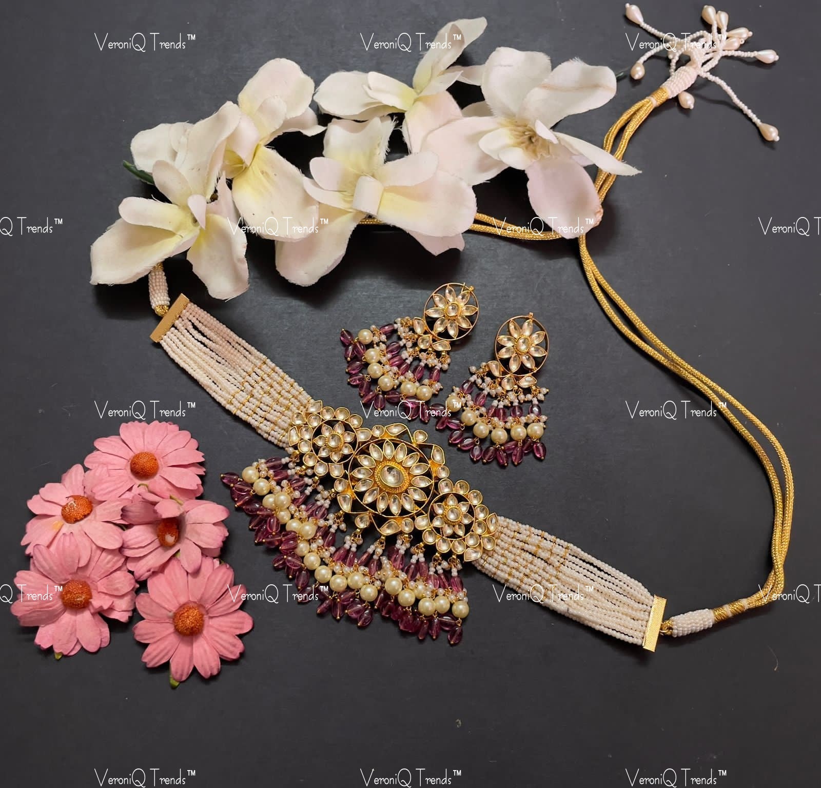 VeroniQ Trends-Multistrand Pearl Beaded Gold Plated Kemp Stone Pachi Kundan Choker Necklace Pachi Kundan-Gold Plated-Wedding Jewellery-Punjabi Jewellery-South Indian-Thappa Jewellery