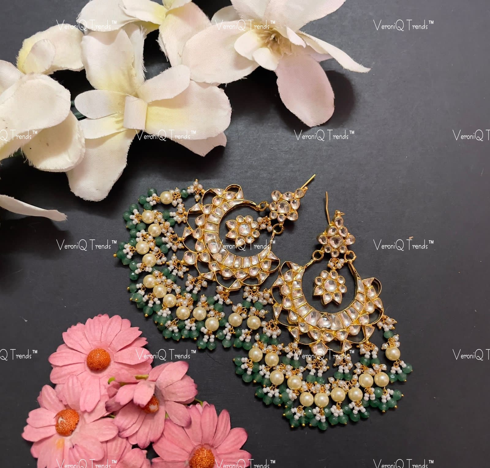 VeroniQ Trends-Elegant Chandbali Tassle Drop Gold Plated Pachi Kundan Earrings Pachi Kundan-Gold Plated-Wedding Jewellery-Punjabi Jewellery-South Indian-Thappa Jewellery