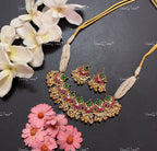 VeroniQ Trends-Multistrand Pearl Beaded Chandbali Gold Plated Kemp Stone Pachi Kundan Choker Necklace Pachi Kundan-Gold Plated-Wedding Jewelry-Punjabi Jewelry-South Indian-Thappa Jewelry