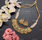 VeroniQ Trends-Multistrand Pearl Beaded Chandbali Gold Plated Kemp Stone Pachi Kundan Choker Necklace Pachi Kundan-Gold Plated-Wedding Jewelry-Punjabi Jewelry-South Indian-Thappa Jewelry