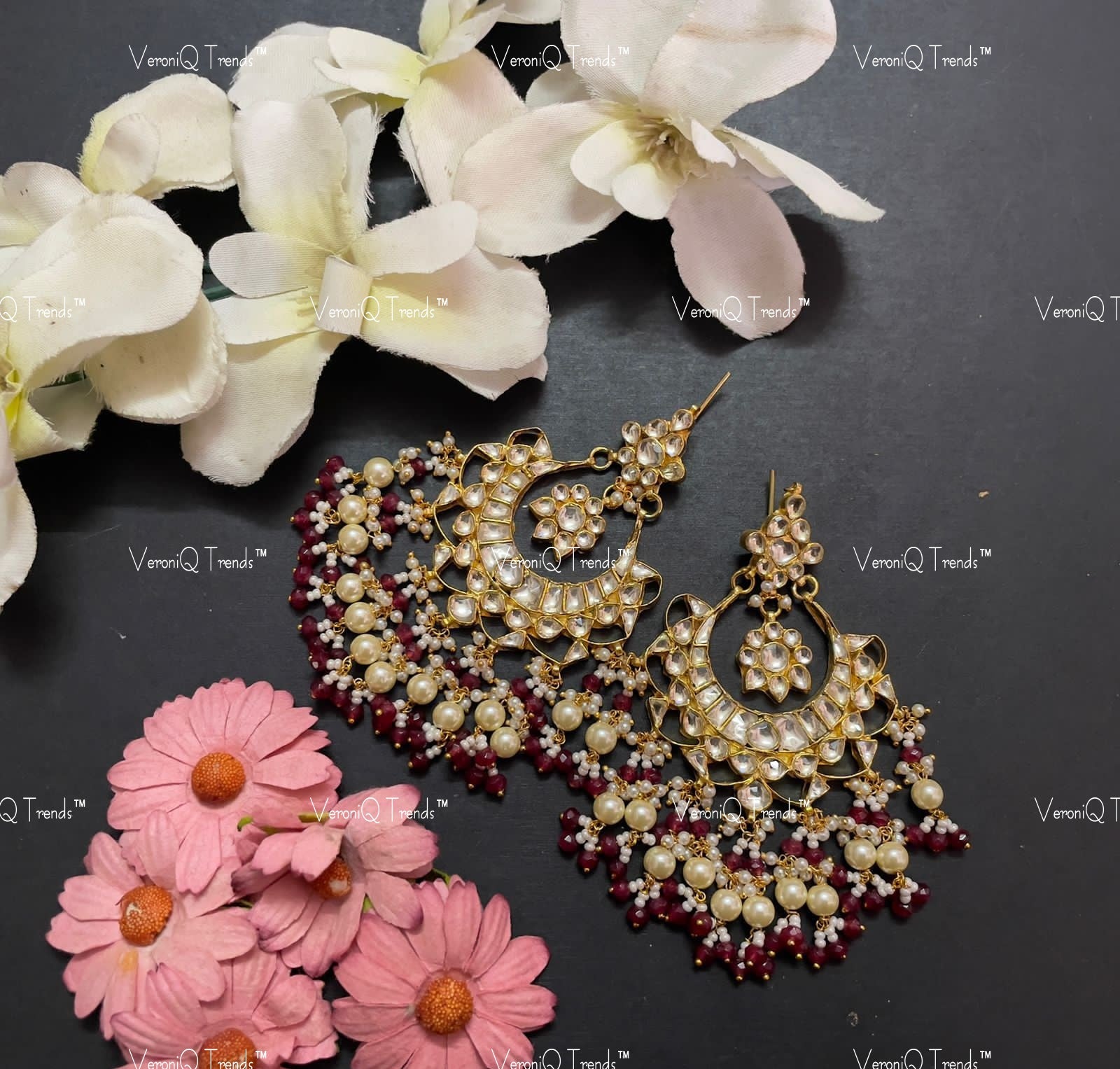 VeroniQ Trends-Traditional Gold Plated Kundan Jadau Pachi Kundan Chandbali Earrings Pachi Kundan-Gold Plated-Wedding Jewellery-Punjabi Jewellery-South Indian-Thappa Jewellery