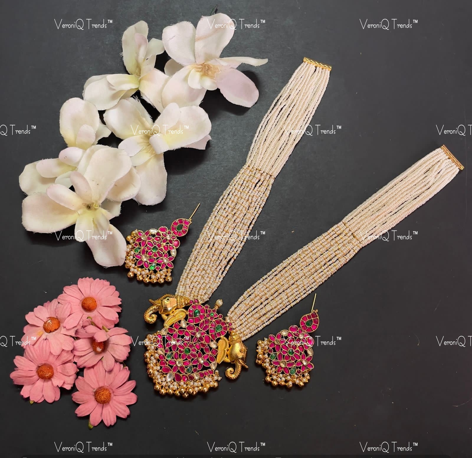 VeroniQ Trends-Elephant Design Gold Plated Kemp Stone Pachi Kundan Long Necklace Pachi Kundan-Gold Plated-Wedding Jewellery-Punjabi Jewellery-South Indian-Thappa Jewellery