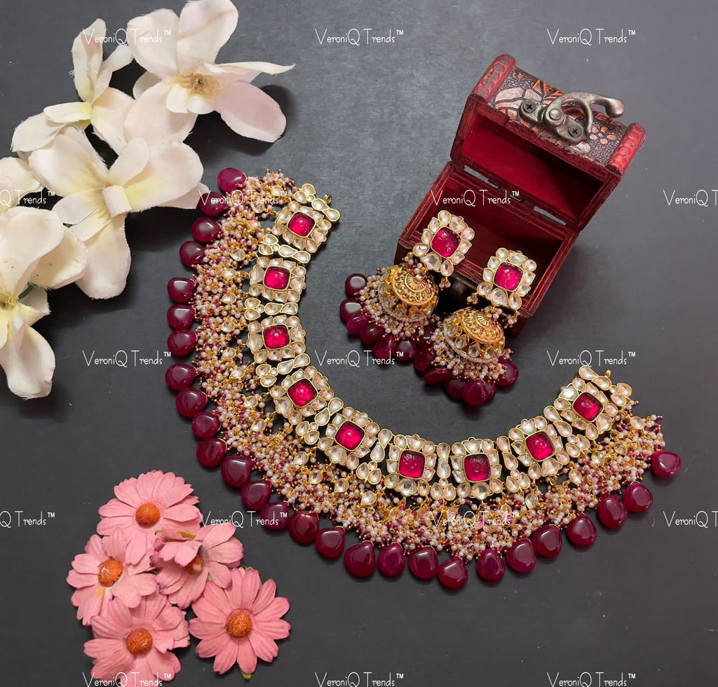 VeroniQ Trends-Traditional Carved Stone Gold Plated Pachi Kundan Necklace Pachi Kundan-Gold Plated-Wedding Jewellery-Punjabi Jewellery-South Indian-Thappa Jewellery