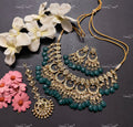 VeroniQ Trends-Traditional Chandbali Drop Gold Plated Pachi Kundan With Beryls Beads Choker Necklace With Earrings and Maang Tika Pachi Kundan-Gold Plated-Wedding Jewellery-Punjabi Jewellery-South Indian-Thappa Jewellery