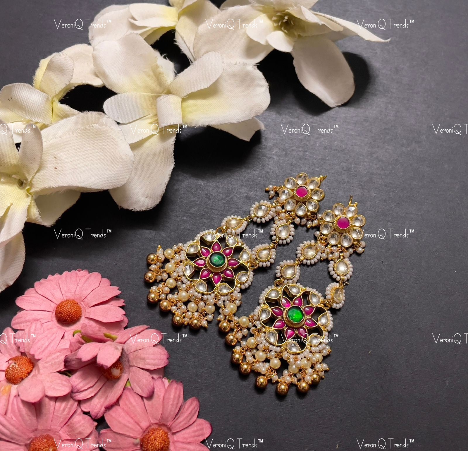 VeroniQ Trends-Designer Kemp Stone Gold Plated Pachi Kundan Earrings Pachi Kundan-Gold Plated-Wedding Jewellery-Punjabi Jewellery-South Indian-Thappa Jewellery