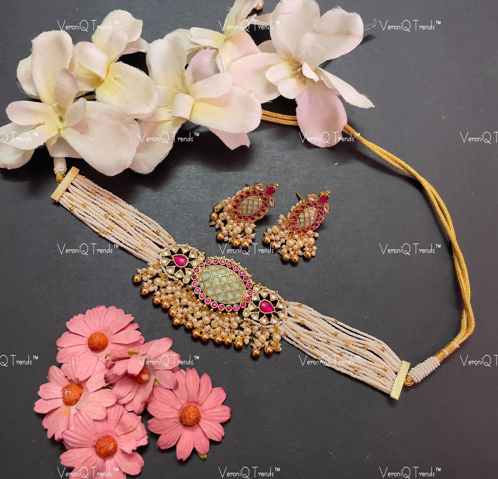 VeroniQ Trends-Multistrand Kemp Stone Gold Plated Pachi Kundan Choker Necklace Pachi Kundan-Gold Plated-Wedding Jewellery-Punjabi Jewellery-South Indian-Thappa Jewellery