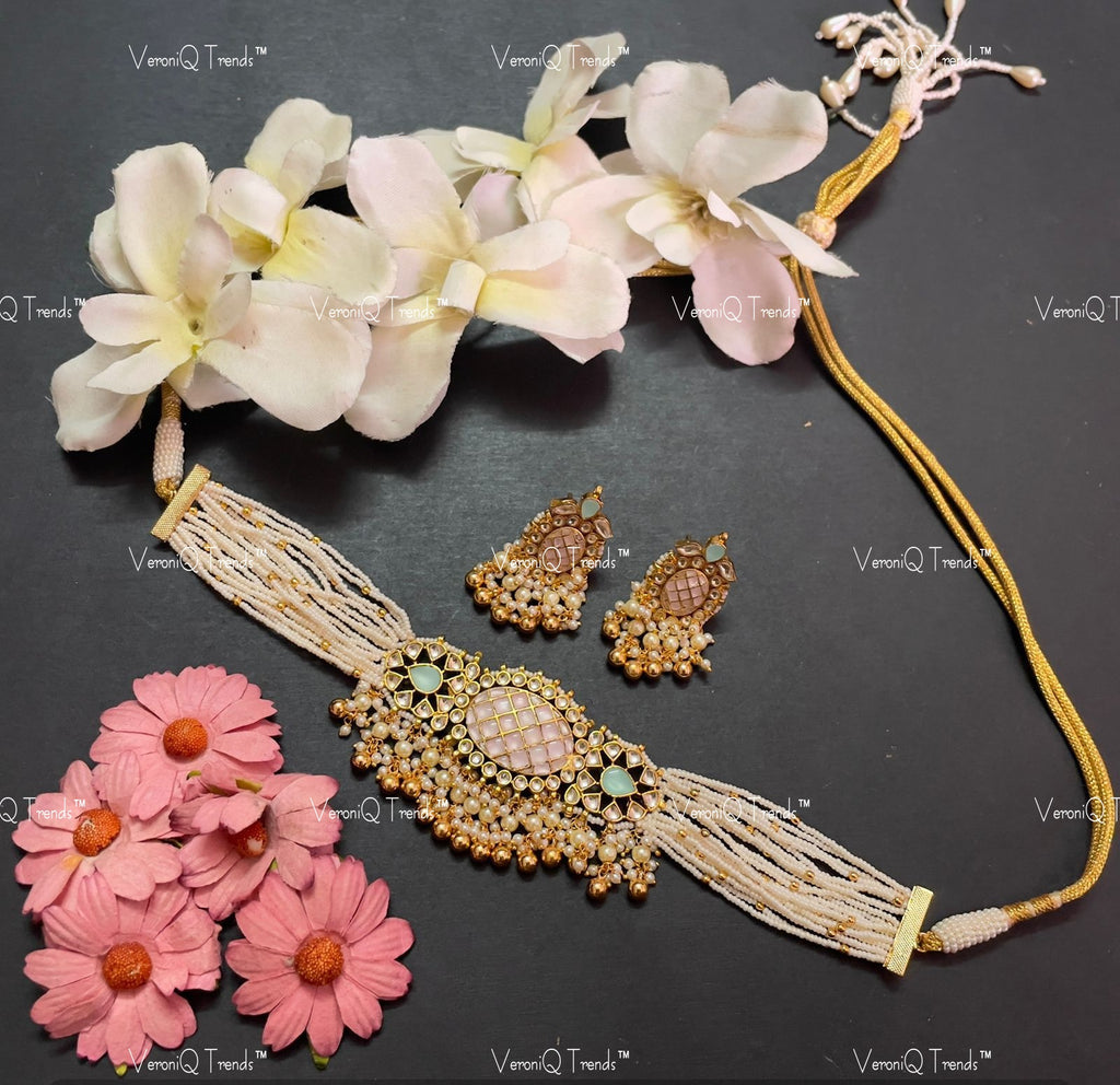 VeroniQ Trends-Multistrand Kemp Stone Gold Plated Pachi Kundan Choker Necklace Pachi Kundan-Gold Plated-Wedding Jewellery-Punjabi Jewellery-South Indian-Thappa Jewellery