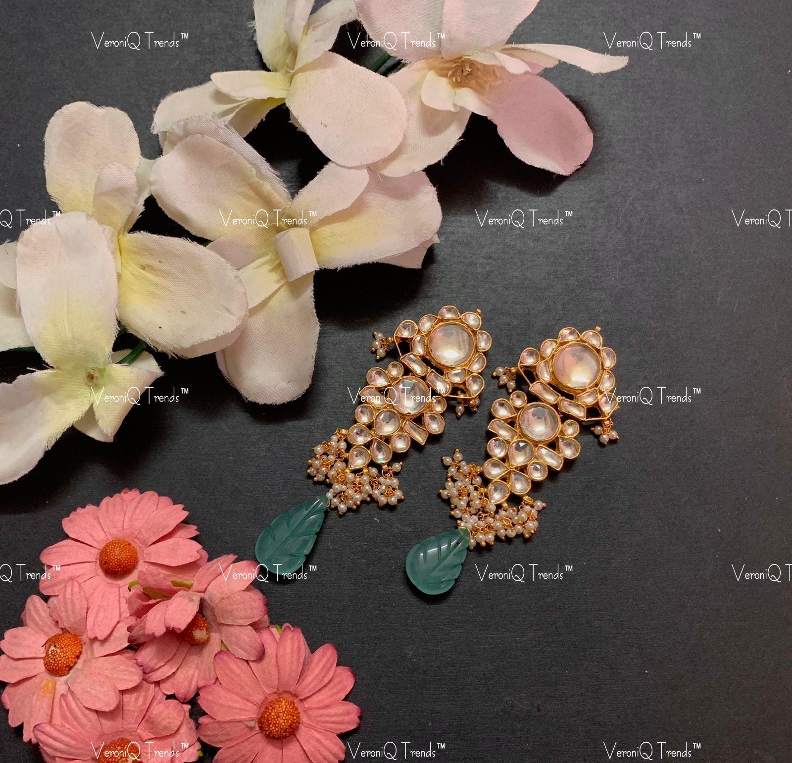 VeroniQ Trends-Gold Plated Kundan Jadau With Green Beads Pachi Kundan Earrings Pachi Kundan-Gold Plated-Wedding Jewellery-Punjabi Jewellery-South Indian-Thappa Jewellery