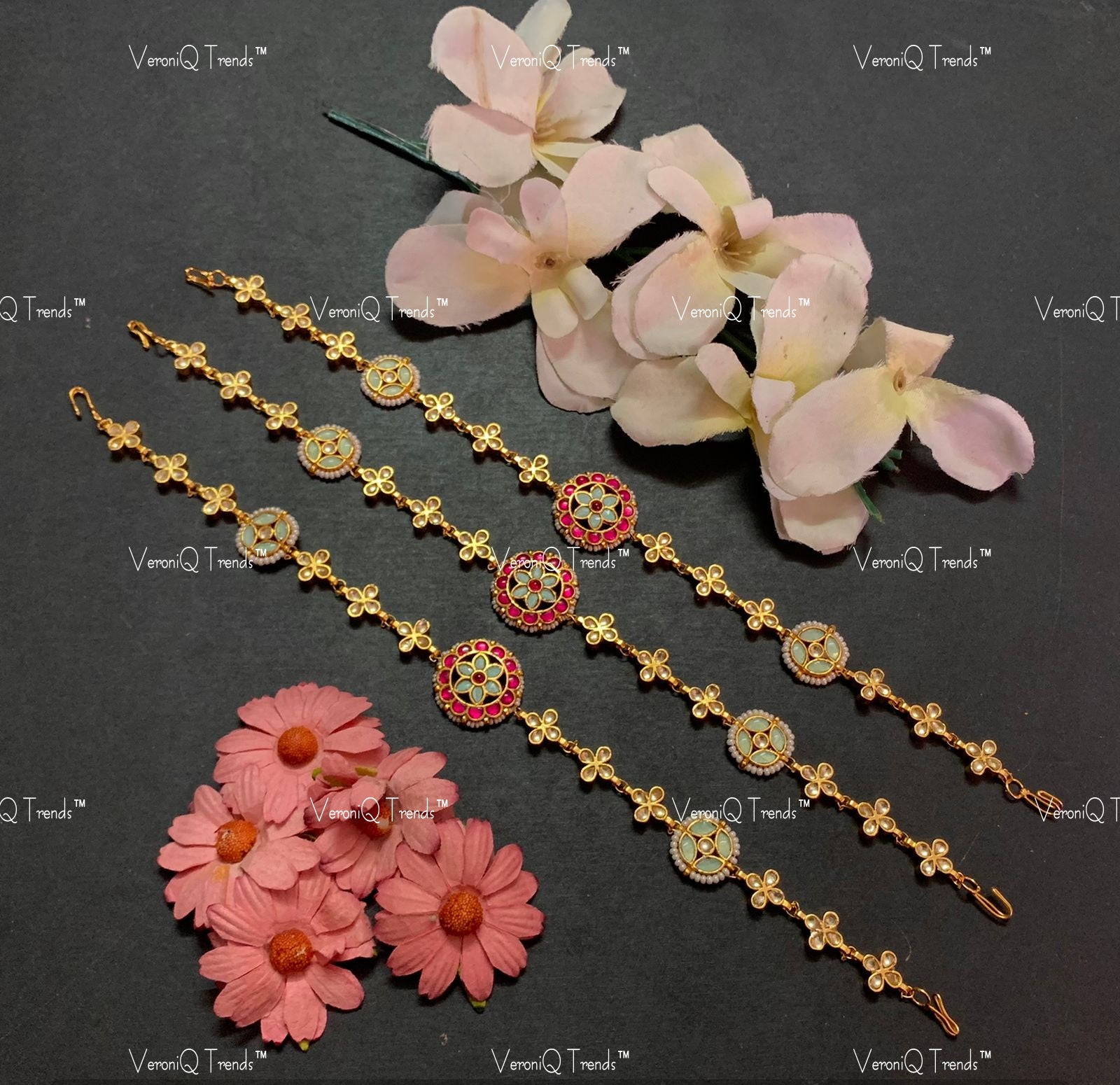 VeroniQ Trends-Traditional Gold Plated Kemp Stone Pachi Kundan Damini Matha Patti Pachi Kundan-Gold Plated-Wedding Jewellery-Punjabi Jewellery-South Indian-Thappa Jewellery