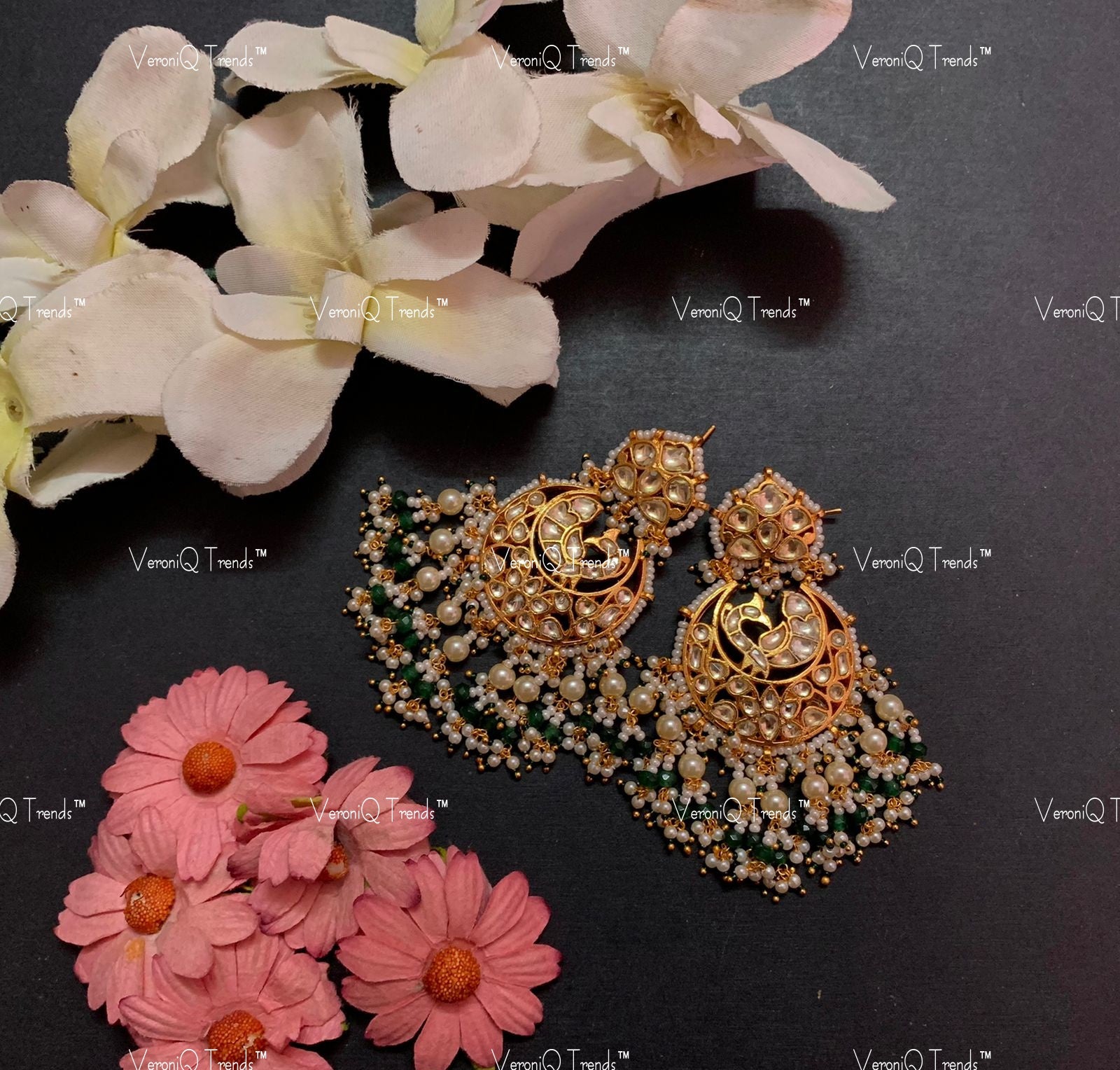 VeroniQ Trends-Peacock Design Gold Plated Pachi Kundan Chandbali Earrings Pachi Kundan-Gold Plated-Wedding Jewellery-Punjabi Jewellery-South Indian-Thappa Jewellery