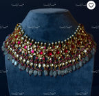 VeroniQ Trends-Designer Kemp Stone With Blue Beads Gold Plated Pachi Kundan Choker Necklace Pachi Kundan-Gold Plated-Wedding Jewelry-Punjabi Jewelry-South Indian-Thappa Jewelry