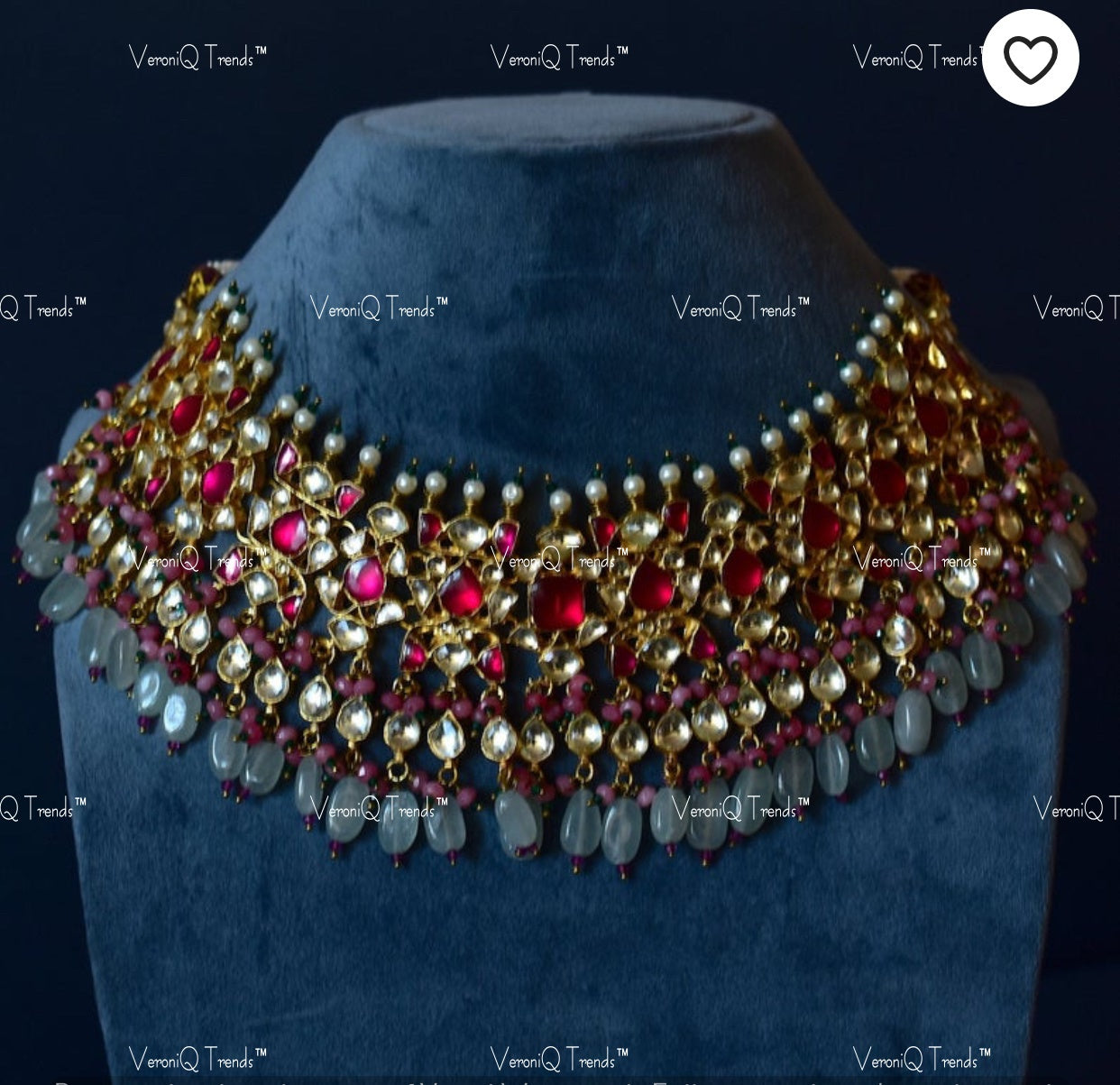 VeroniQ Trends-Designer Kemp Stone With Blue Beads Gold Plated Pachi Kundan Choker Necklace Pachi Kundan-Gold Plated-Wedding Jewellery-Punjabi Jewellery-South Indian-Thappa Jewellery