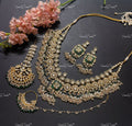 VeroniQ Trends-Bridal Green Carved Gold Plated Pachi Kundan Long Necklace with Earrings Nath And Maang Tika Pachi Kundan-Gold Plated-Wedding Jewellery-Punjabi Jewellery-South Indian-Thappa Jewellery