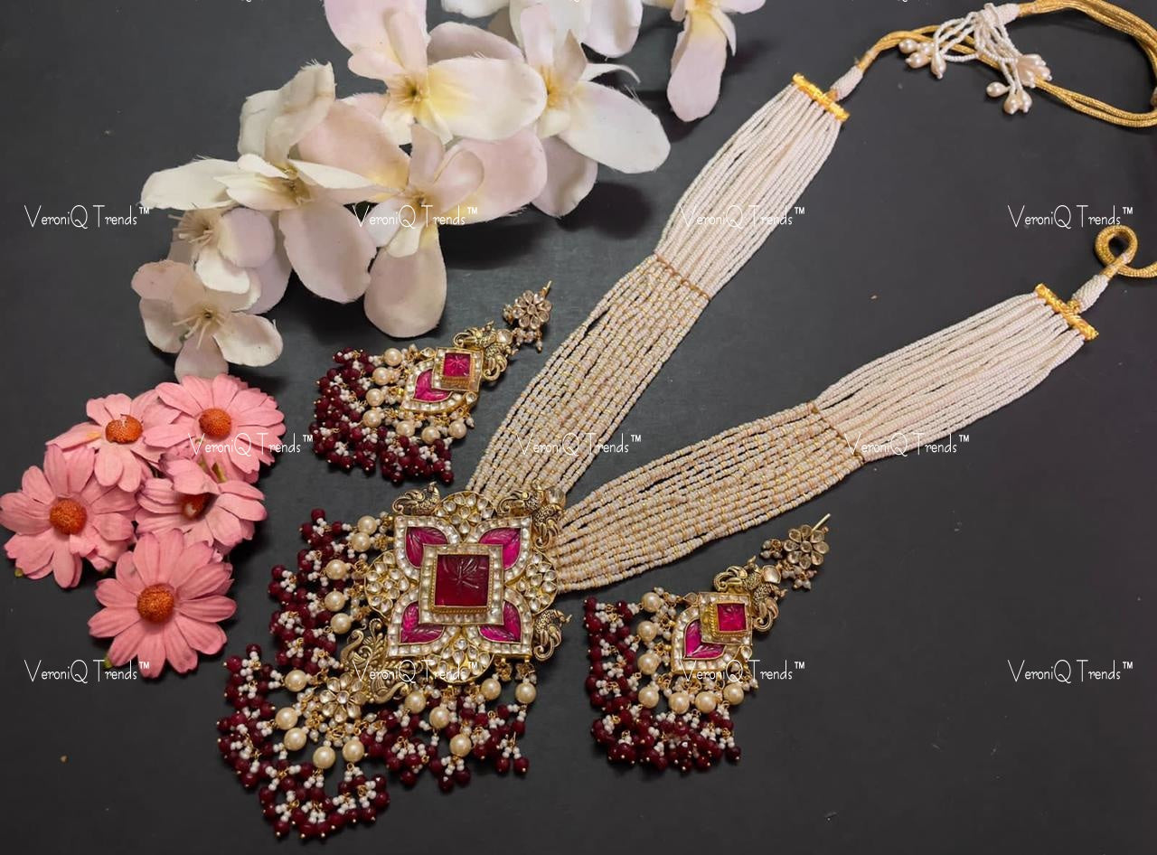 VeroniQ Trends-Traditional Multistrand Pearl Beaded Gold Plated Pachi Kundan Long Necklace Pachi Kundan-Gold Plated-Wedding Jewellery-Punjabi Jewellery-South Indian-Thappa Jewellery