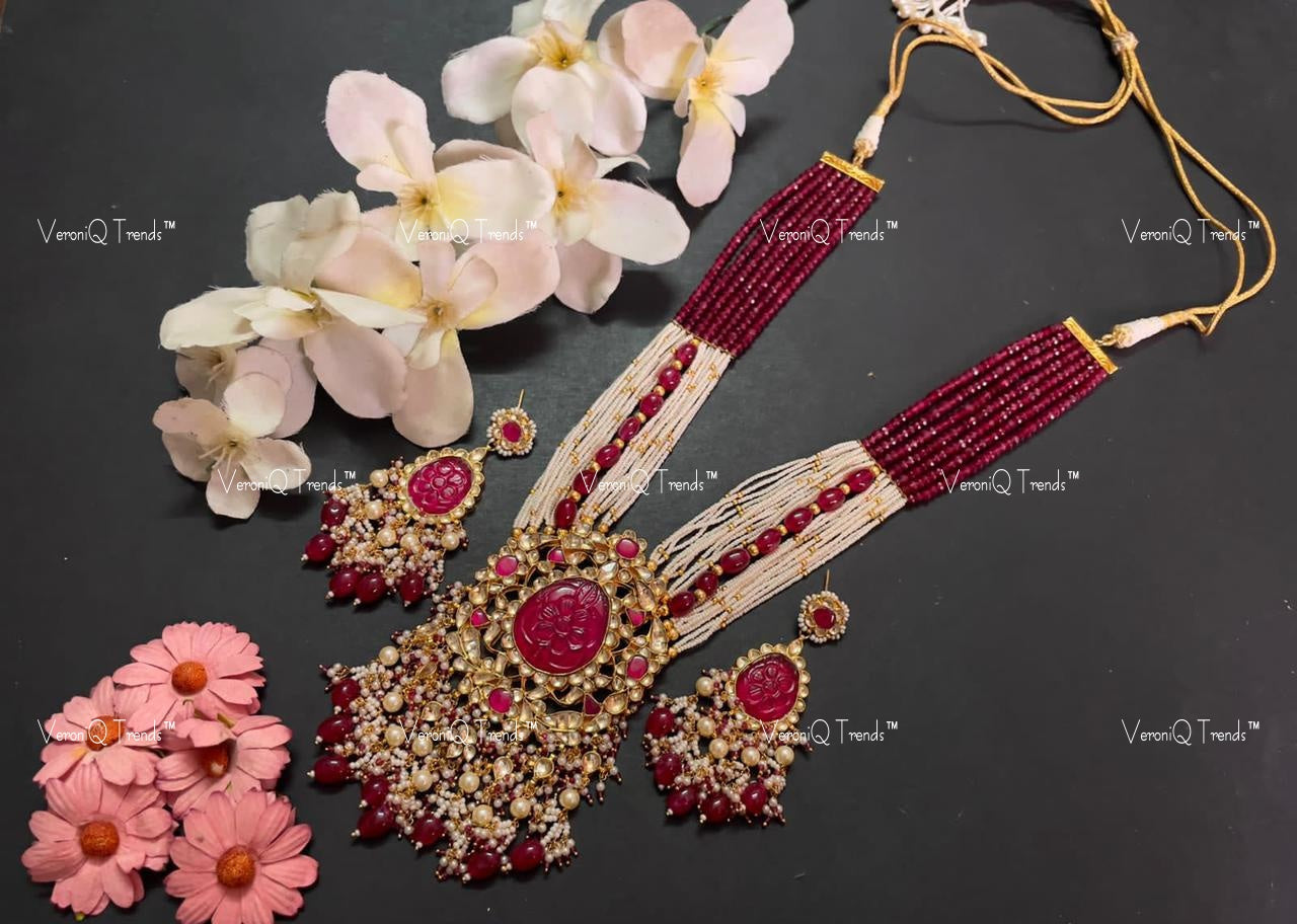 VeroniQ Trends-Traditional Red Color Multistrand Pearl Beaded Gold Plated Pachi Kundan Long Rani Haar Necklace Pachi Kundan-Gold Plated-Wedding Jewellery-Punjabi Jewellery-South Indian-Thappa Jewellery
