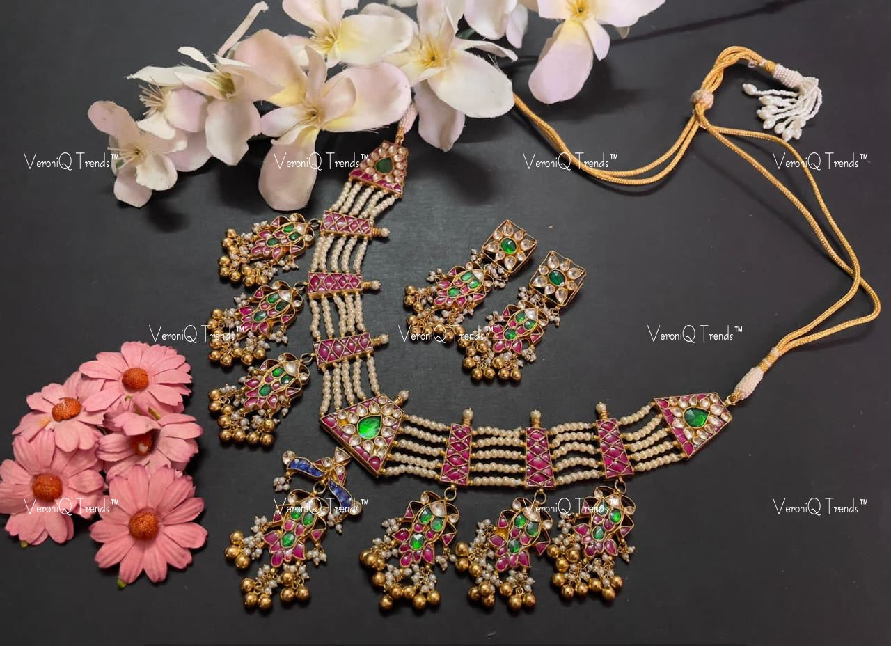 VeroniQ Trends-Rajwadi Style Kemp Stone Multistrand Pearl Beaded Gold Plated Pachi Kundan Necklace Pachi Kundan-Gold Plated-Wedding Jewellery-Punjabi Jewellery-South Indian-Thappa Jewellery