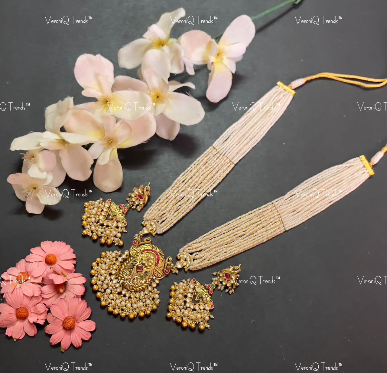 VeroniQ Trends-Royal Style Multistrand Pearl Beaded Gold Plated Pachi Kundan Rani Haar Necklace Pachi Kundan-Gold Plated-Wedding Jewellery-Punjabi Jewellery-South Indian-Thappa Jewellery