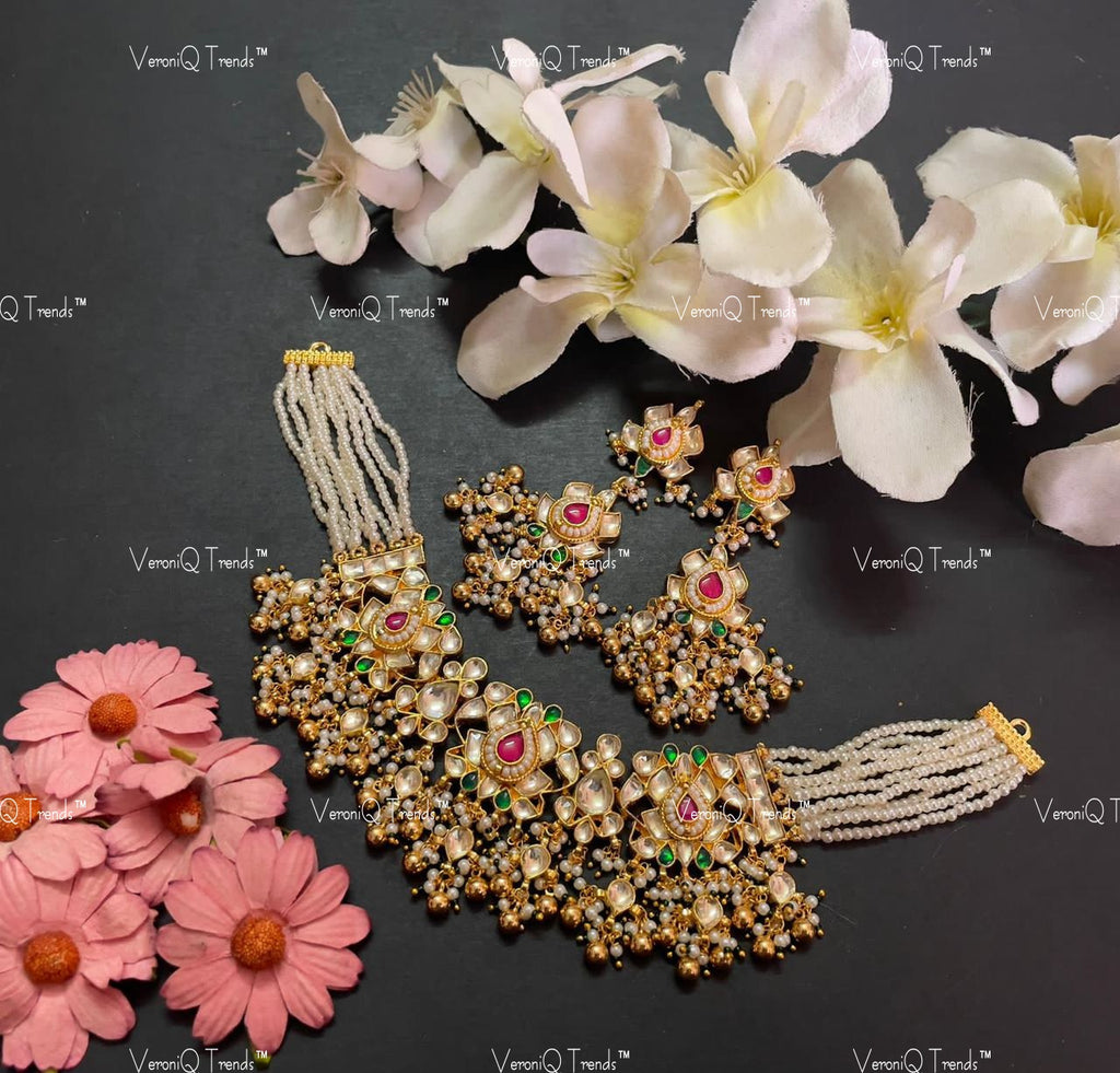 VeroniQ Trends-Royal Style Multistrand Pearl Beaded Gold Plated Kemp Stone Pachi Kundan Choker Necklace Pachi Kundan-Gold Plated-Wedding Jewellery-Punjabi Jewellery-South Indian-Thappa Jewellery